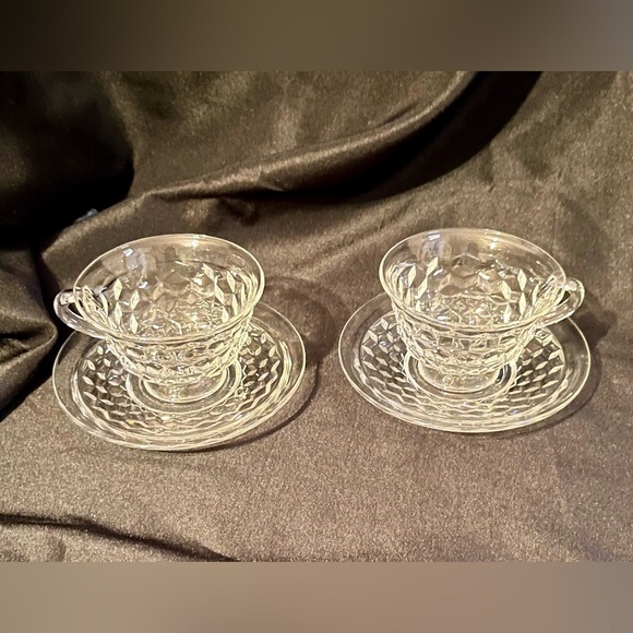 Fostoria American 2 Sets Elegant Clear Glass Teacups 2 Saucers Bridgerton T 4 2 - Picture 5 of 17
